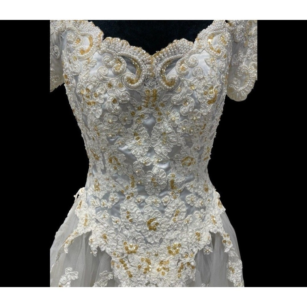 Princess Ball Gown Wedding Dress Sz 16 Faux Pearl Lace Applique Off Shoulder D30 - Picture 4 of 11